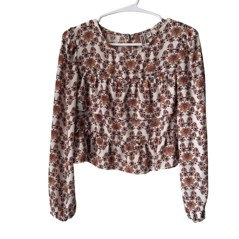 Gypsies & Moondust Womens XS Floral Medallion Tiered Ruffle Long Sleeve Blouse